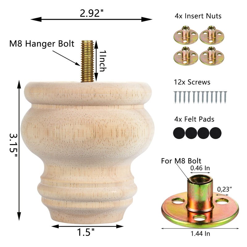 Michanco 3 Inch Unfinished Bun Feet Set of 4 Wood Furniture Legs Replacement Wooden Legs for Sofa Couch Cabinet Ottoman - Image 5